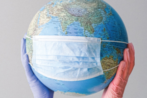 A globe with a facemask.