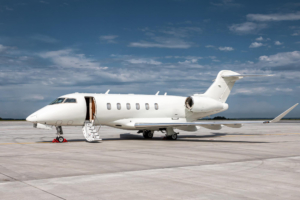 Executive travel illustrated by a private jet.