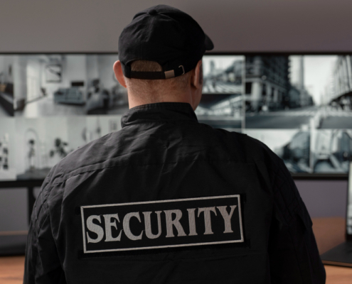 Residential security services shown via an AFIMAC security guard monitoring cameras.
